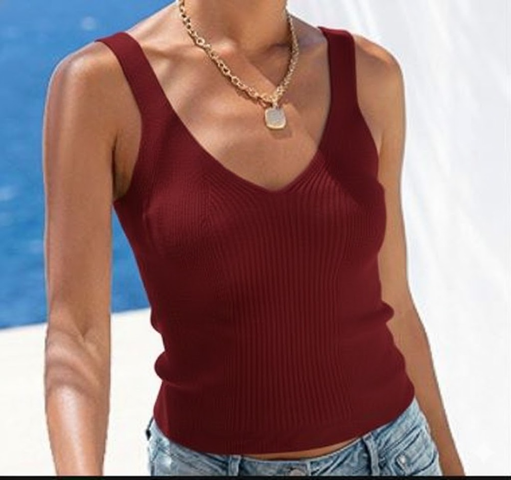 Lascana Soft and Chic Knit V-Neck Sweater Tank - Cherry Red - Small (4-6)